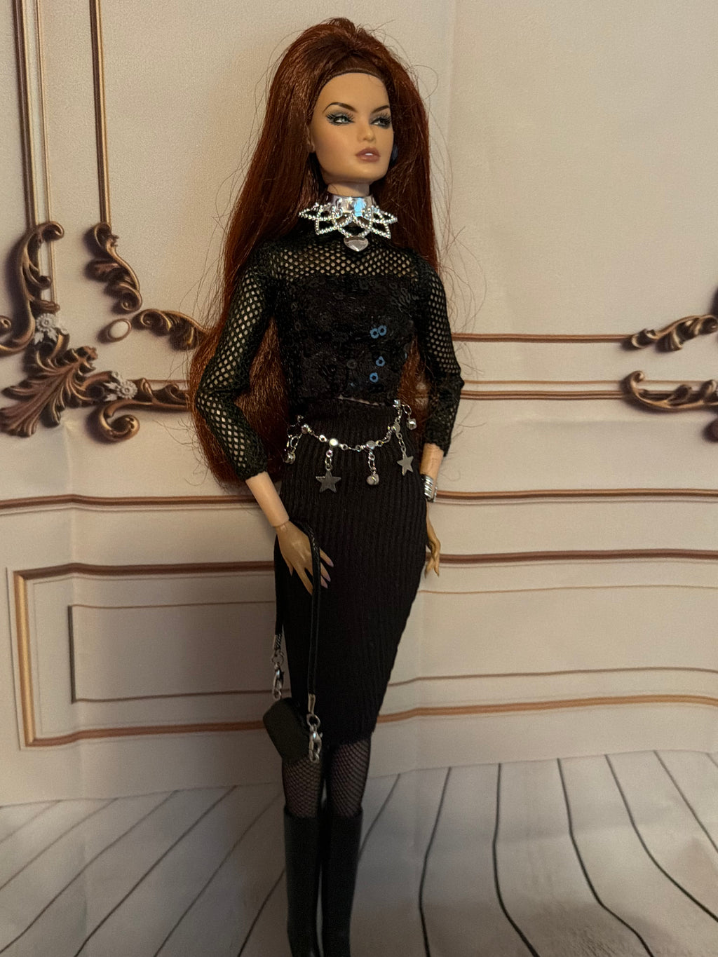 Black Mesh top, black sequin top, black skirt, accessories, complete outfit, free gift 🎉