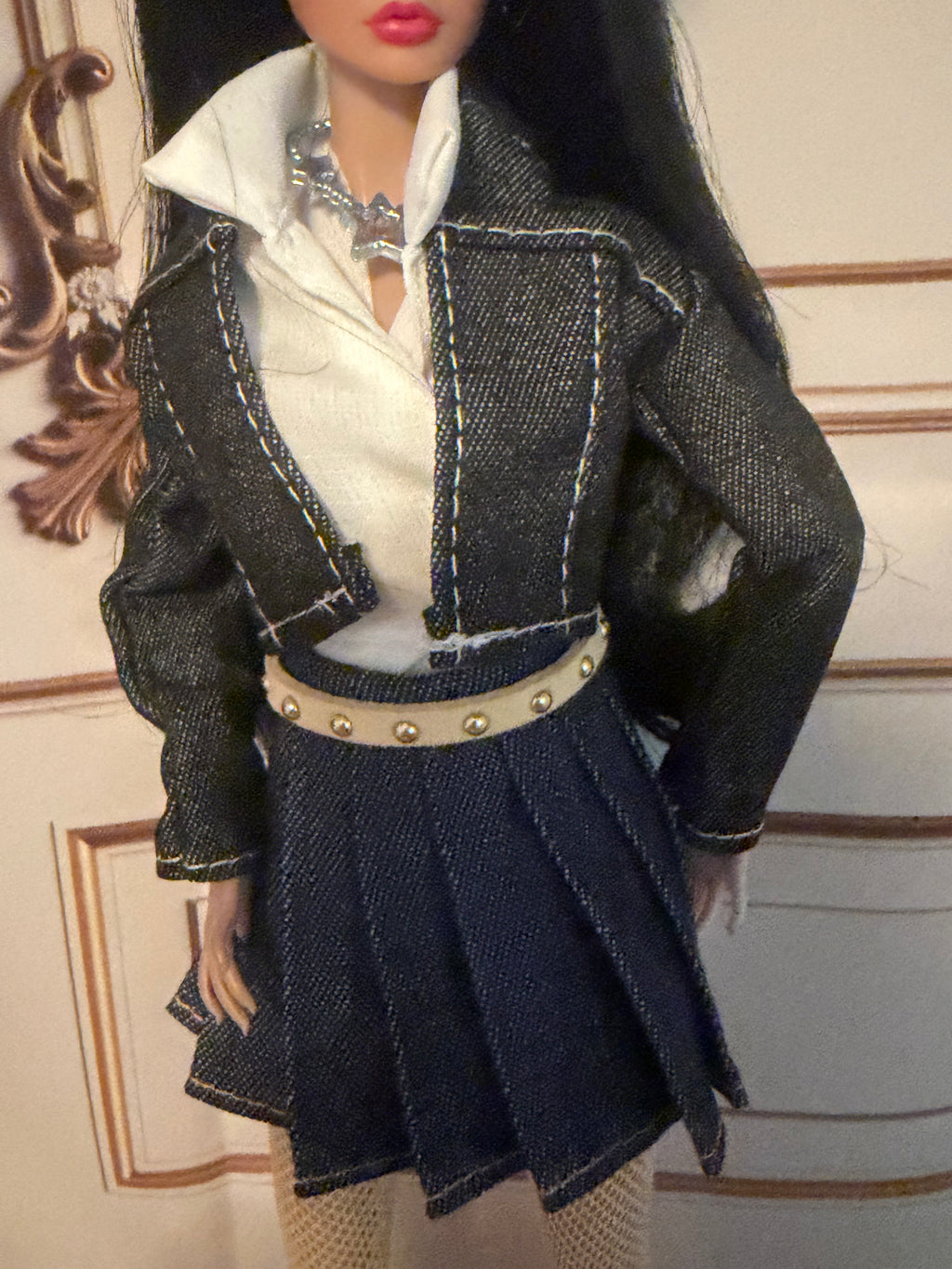 Blue Jean Jacket, white top blue Jean skirt this this item is a complete outfit and includes a free gift 🎉