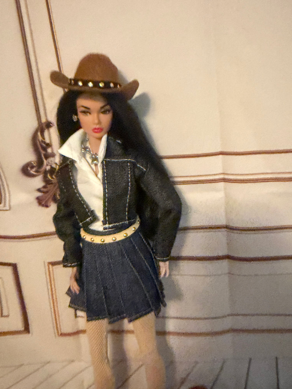New Jean jacket, white top, blue dream skirt, and put accessories and free gift 🎁