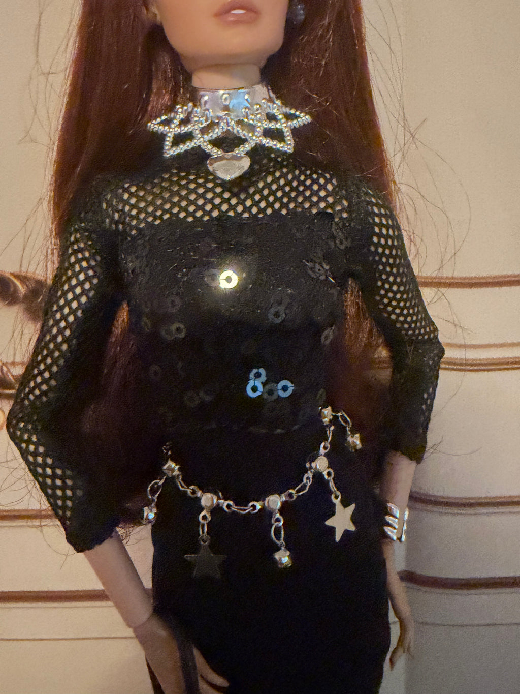 Black Mesh top, black sequin top, black skirt, accessories, complete outfit, free gift 🎉